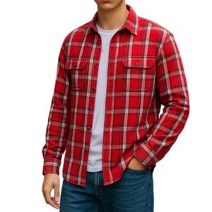 Burton Mens DryRide Plaid Flannel Shirt Red White Blue Cotton Chest Pockets L